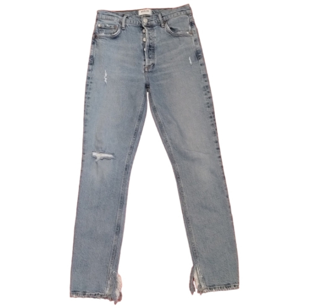 Agolde Nico High Rise Slim in Headlines Button Fly Denim Distressed Raw Hem